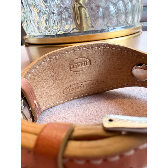 Fossil Quartz Watch JR-8180 Brown Leather Cuff Flowers Hawaii Habiscus